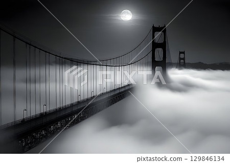 Golden Gate Bridge shrouded in ethereal fog under the moonlight spectacle Golden Gate Bridge shrouded in ethereal fog under the moonlight spectacle 129846134