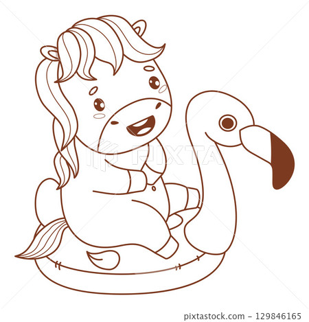 Outline Cute summer Pony Swims on inflatable flamingo. Funny Little Horse kawaii Animal on Vacation. Line drawing, coloring book. Vector illustration. Kids collection. Not AI Outline Cute summer Pony Swims on inflatable flamingo. Funny Little Horse kawaii Animal on Vacation. Line drawing, coloring book. Vector illustration. Kids collection. Not AI 129846165
