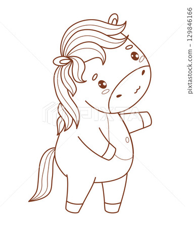 Outline Adorable Pony. Cute Horse Kawaii Animal. Line drawing, coloring book. Vector illustration. Kids collection. Not AI Outline Adorable Pony. Cute Horse Kawaii Animal. Line drawing, coloring book. Vector illustration. Kids collection. Not AI 129846166