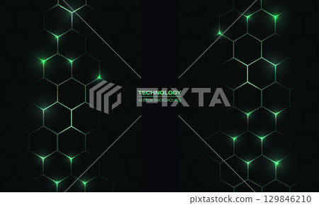 Dark hexagon abstract technology background with green colored bright flashes Dark hexagon abstract technology background with green colored bright flashes 129846210