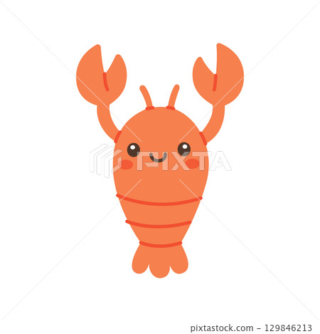 Cute cartoon lobster with smiling face and raised claws. Flat vector marine animal illustration for children ocean designs Cute cartoon lobster with smiling face and raised claws. Flat vector marine animal illustration for children ocean designs 129846213