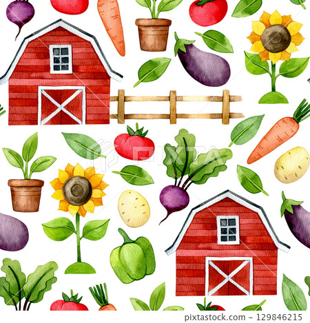 Seamless farm pattern. Watercolor drawing barn, vegetables, sunflowers, plants. Illustration for children, cartoon 129846215