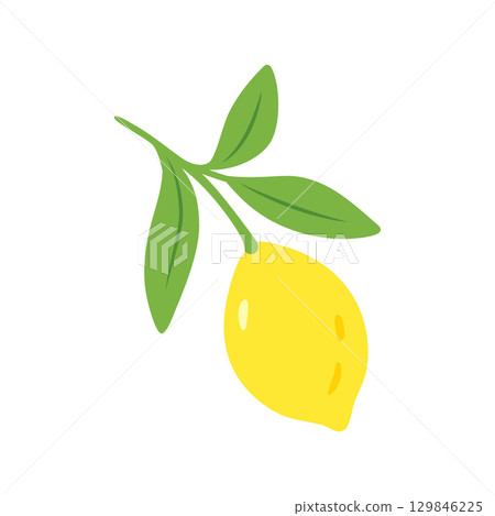 Yellow lemon with three bright green leaves in flat style 129846225