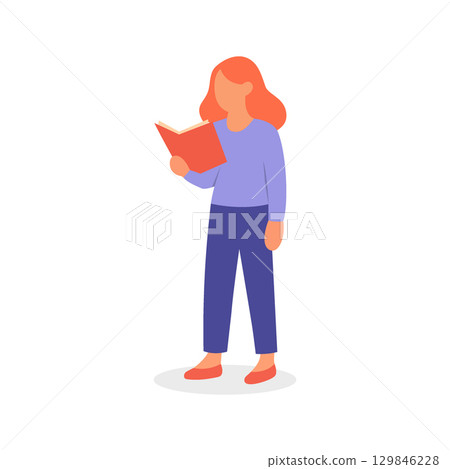Red-haired woman reading a book while standing. Minimal flat style vector character for education and lifestyle topics 129846228