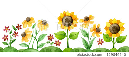 seamless border of sunflowers and autumn flowers watercolor drawing. illustration for children, cartoon seamless border of sunflowers and autumn flowers watercolor drawing. illustration for children, cartoon 129846240