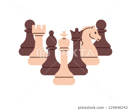 Complete minimal chess set illustration with king, queen, rook, bishop, knight and pawns in balanced abstract style 129846242