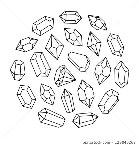 Crystals outline set in circle. Magic gem stones, diamond and jewel crystals. Gemstones, amethyst, ruby, sapphire, emerald, topaz and quartz. Crystals outline set in circle. Magic gem stones, diamond and jewel crystals. Gemstones, amethyst, ruby, sapphire, emerald, topaz and quartz. 129846262