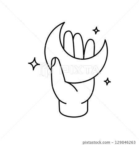 Hand holding a mystical moon. Mystical, esoteric, magic or healing moon. Mystic astrology crescent moon. Vector illustration. 129846263