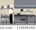 a chef prepares food in a large kitchen with professional equipment 129846266