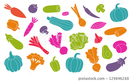 Fresh vegetables set. Healthy eating. Organic vegetables design template for food market, ecommerce, products promotion. Vector illustration. 129846288