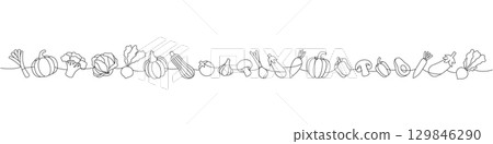 Vegetables set one line continuous drawing. Tomato, garlic bulb, mushroom, avocado, pumpkin, broccoli, cabbage, zucchini, onion, radish, eggplant 129846290