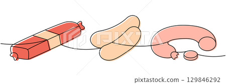 Salami sausage, fat sausages, chorizo sausage one line colored continuous drawing. Meat products. Vector illustration 129846292