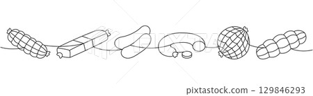 Sausage set. Semi-finished products one line continuous drawing. Vector illustration. 129846293