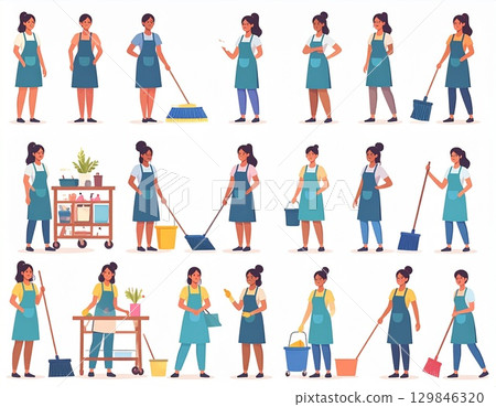 各種家務姿勢的女性角色，柔和的色彩，友善的氛圍，白色背景 129846320