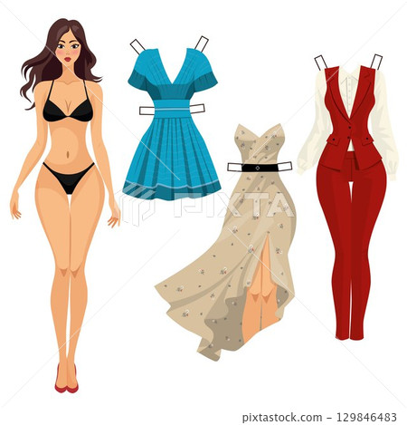 paper doll with a set of clothes. evening dress, short dress, blouse and skirt. vector illustration 129846483