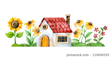 border with cute autumn houses and sunflowers. children illustration, cartoon border with cute autumn houses and sunflowers. children illustration, cartoon 129846585