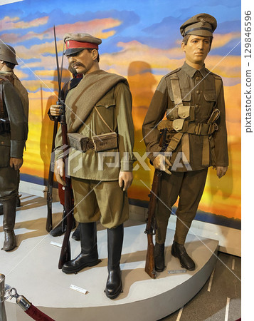 Figures of soldiers in World War I uniforms in the Museum of the City of Bucharest, Romania 129846596