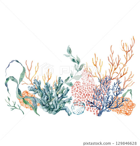 Watercolor ocean coral composition of red, green, orange and blue branches. Underwater plant illustration isolated on white background. For design, prints, fabric or background. 129846628