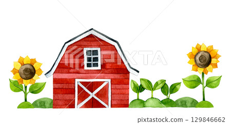 watercolor border with red farm barn, sunflowers and plants. children illustration, cartoon 129846662