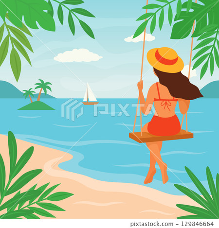 Hello Summer. Tropical Beach Sunset Vector Illustration. Tropical Landscape with Woman on Swing. Tropical Island with Palm Trees, Sea, Sailboat. Summer Holiday Design, Paradise Beach Illustration 129846664