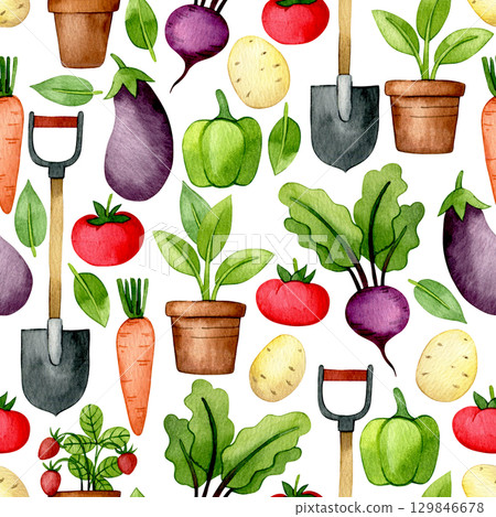 seamless watercolor pattern with farm vegetables. children illustration, cartoon seamless watercolor pattern with farm vegetables. children illustration, cartoon 129846678