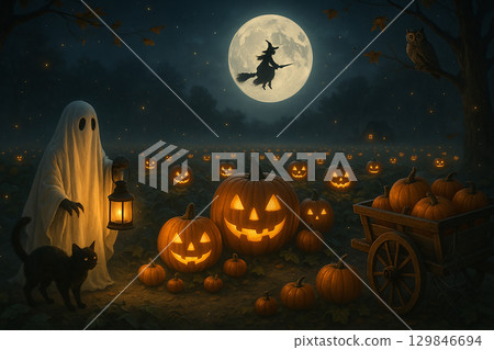 Spooky Halloween Night with Pumpkins and a Ghost. 129846694