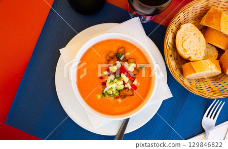 Gazpacho served with fried bread Gazpacho served with fried bread 129846822