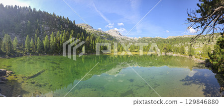Le Vert Green Lake Fanes Lavarella Dolomites huge panorama landscape in summer season Le Vert Green Lake Fanes Lavarella Dolomites huge panorama landscape in summer season 129846880