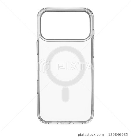 Clear soft phone case with magnetic ring for smartphone model 17 Pro Max, isolated on white Clear soft phone case with magnetic ring for smartphone model 17 Pro Max, isolated on white 129846985