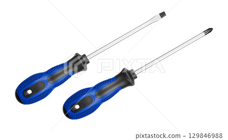 Two Screwdrivers Flat and Phillips for Repair and Maintenance blue color on isolated background 129846988