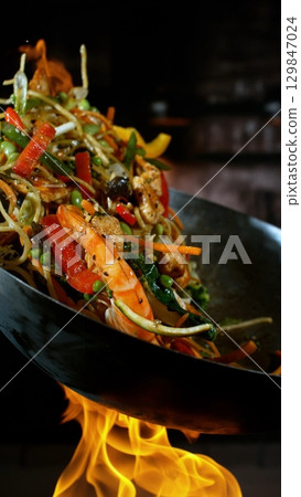 Freeze Motion of Flying Asian Wok Ingredients with Fire Flames 129847024