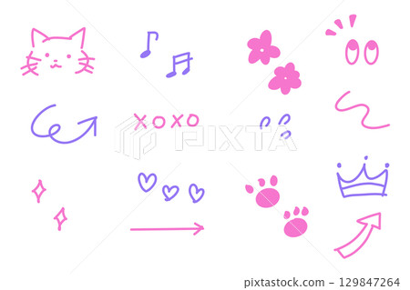Cute handwritten manga symbol set / cat, heart, flower, musical note, footprint / vector Cute handwritten manga symbol set / cat, heart, flower, musical note, footprint / vector 129847264