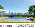 Modern contemporary swimming pool terrace with city view background 3d render 129847382