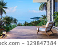 Modern contemporary style wooden terrace with sea view surrounded by tropical style garden 3d render 129847384