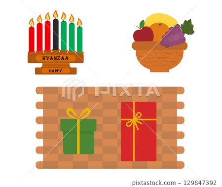 Kwanzaa holiday main details kinara, fruits and gifts on festive woven rug Kwanza design element Set 129847392