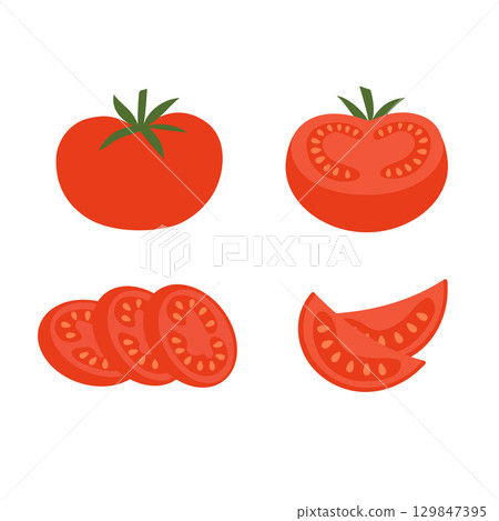 Tomato set with whole tomato, slices and cut pieces. Fresh organic vegetables for cooking, salad, healthy eating. Flat vector illustration on white. Tomato set with whole tomato, slices and cut pieces. Fresh organic vegetables for cooking, salad, healthy eating. Flat vector illustration on white. 129847395