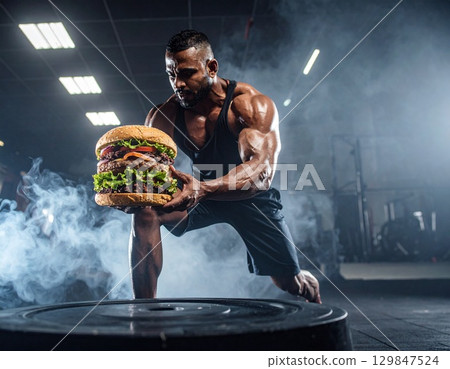 Men training with hamburger weights - high calorie, junk, carb-up 129847524