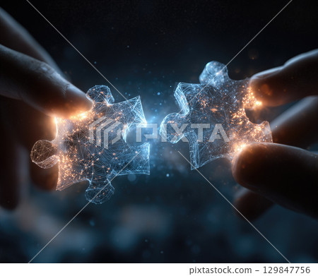 Hands connecting futuristic puzzle pieces symbolizing collaboration and unity in a digital world 129847756