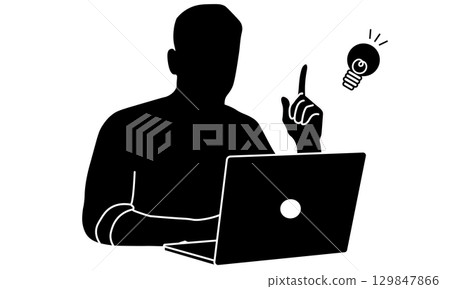 一名男子在使用筆記型電腦時產生創意的輪廓 129847866
