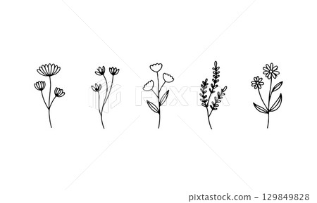 Whimsical Mini Flowers. A lively group of varied small flower icons with playful shapes and organic balance, ideal for fun and casual designs. 129849828