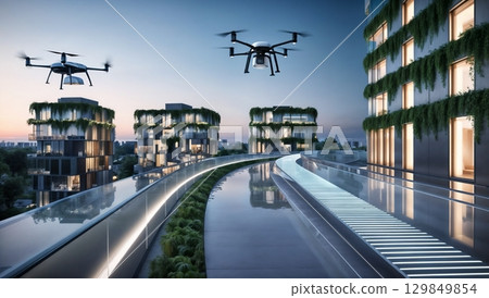 futuristic eco city with green buildings and flying drone for future lifestyle concept 129849854