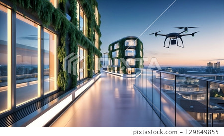 sustainable urban landscape with modern architecture and drone for eco innovation projects 129849855
