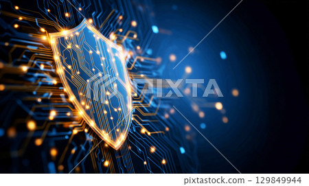 Cybersecurity background with glowing shield and circuit 129849944
