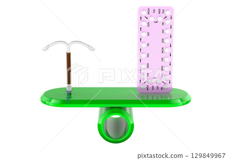 Contraception choice. Contraception methods comparison iud and pills. 3D rendering Contraception choice. Contraception methods comparison iud and pills. 3D rendering 129849967