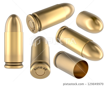 Handgun bullets, multiple views. 3D rendering Handgun bullets, multiple views. 3D rendering 129849970