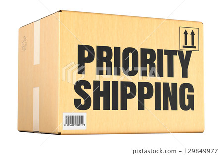 Priority Shipping concept with parcel, cardboard box. 3D rendering Priority Shipping concept with parcel, cardboard box. 3D rendering 129849977