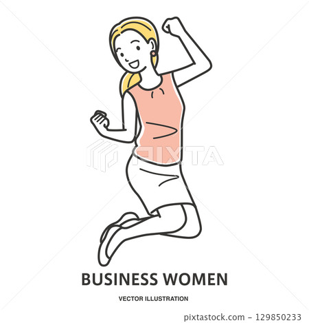 Full-body illustration of a young female office worker jumping with joy 129850233