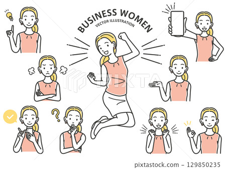 Illustration set of facial expressions and gestures of female office workers 129850235