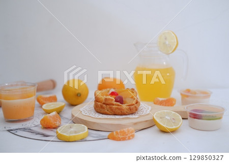 Tropical Fruit Dessert in Soft Pastel Setting 129850327