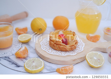 Tropical Fruit Dessert in Soft Pastel Setting Tropical Fruit Dessert in Soft Pastel Setting 129850331